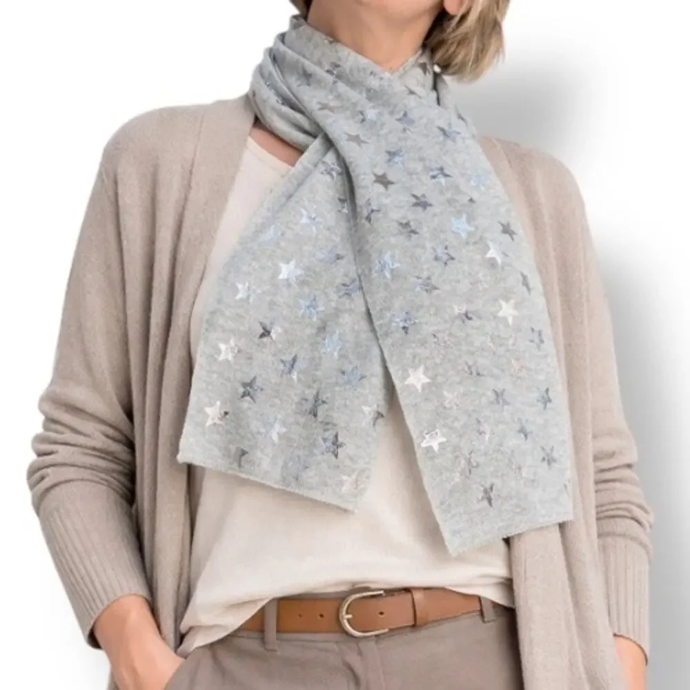 Gray Star Print Knit Scarf Soft Lightweight Neutral Silver Metallic Warm Winter